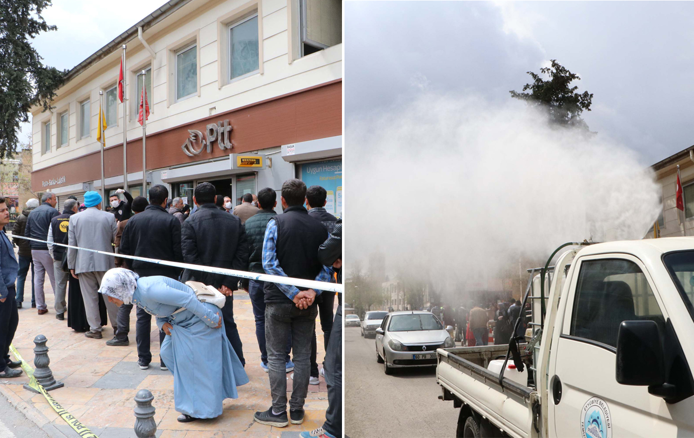 1000 TL'lik Yardım İçin Kuyruğa Girdiler: Sosyal Mesafe Uygulanmadı, Belediye Araçla Dezenfektan Püskürttü