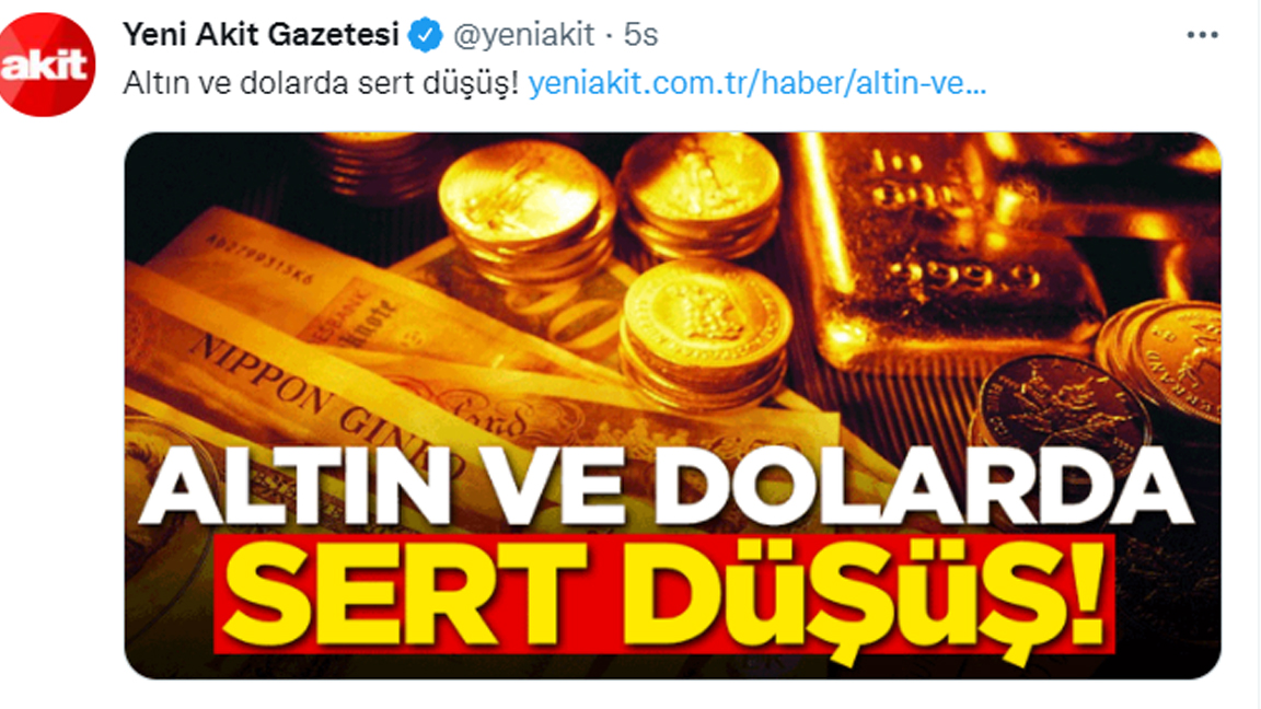 Akit, 11 TL'yi aşan doların 10.46’ya çekilmesini “sert düşüş” başlığıyla haberleştirdi