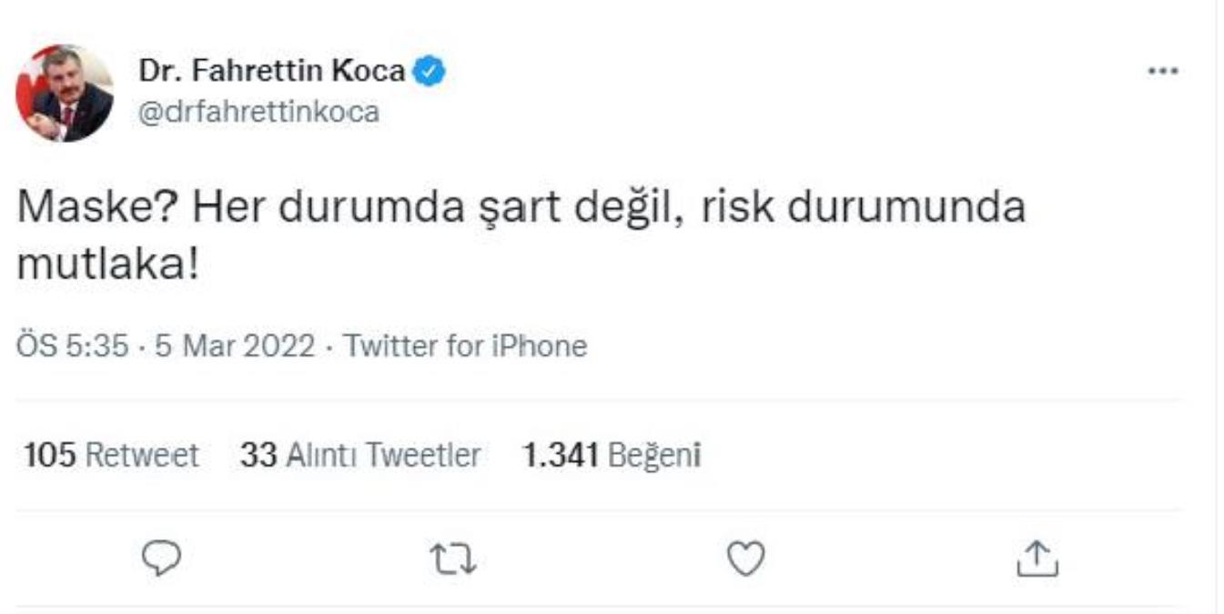 Bakan Koca: Maske risk durumunda kural