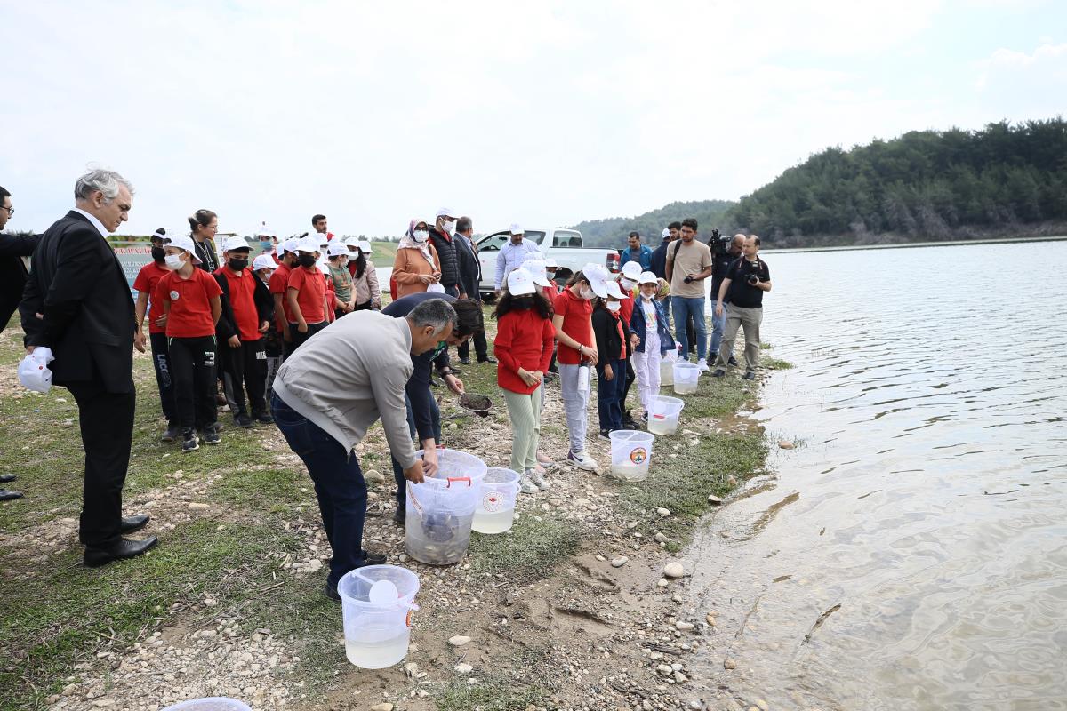 Adana'da ilkokul öğrencileri gölete yavru balık bıraktı