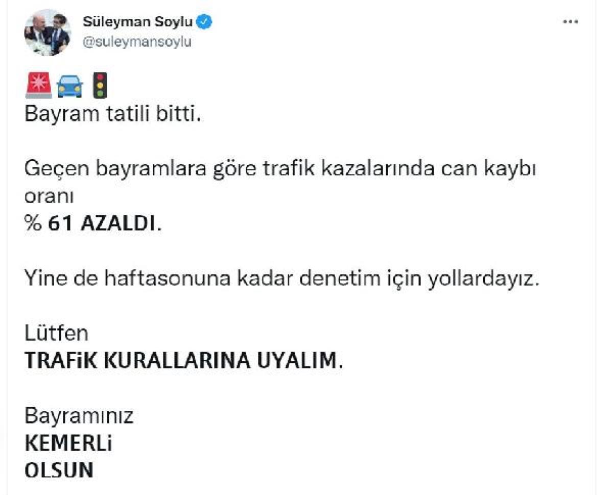 Bayramda kazalara bağlı can kaybı yüzde 61 azaldı