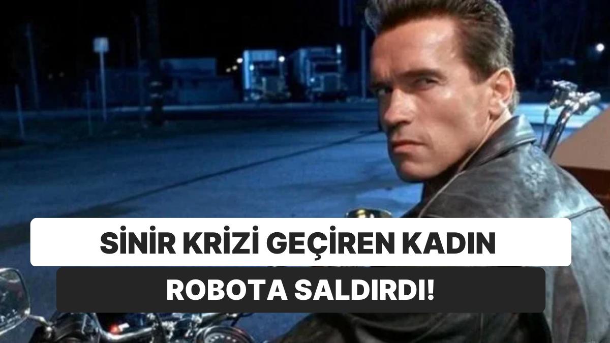 Hudut Krizi Geçiren Bayan Robota Saldırdı! Elindeki Sopayla Gerisi Gerisine Robota Vurdu